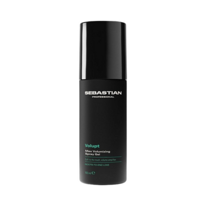 Black bottle of Sebastian Volupt max volumizing spray gel product on a white background