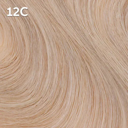 Wella Color Charm Permanent Liquid Color close-up of blonde hair extensions with color code '12C'.