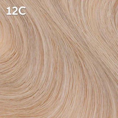 Wella Color Charm Permanent Liquid Color close-up of blonde hair extensions with color code '12C'.
