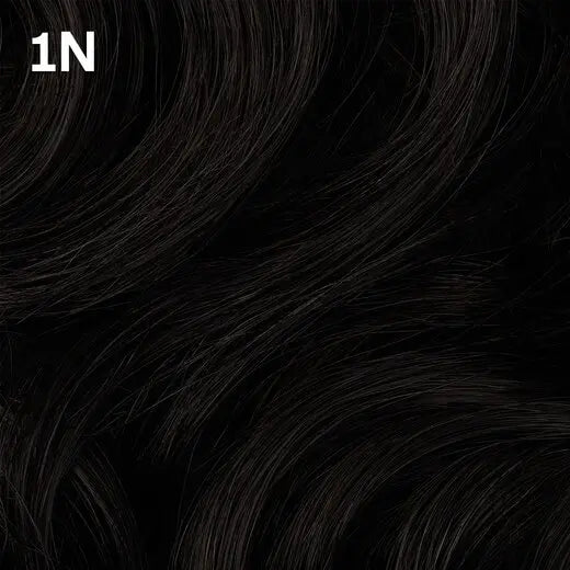 Close-up of black hair extensions with Wella Color Charm '1N' label.