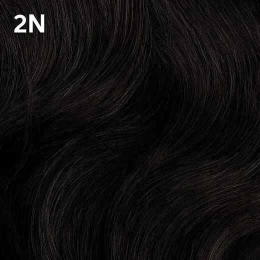 Close-up of black hair with Wella Color Charm '2N' text overlay