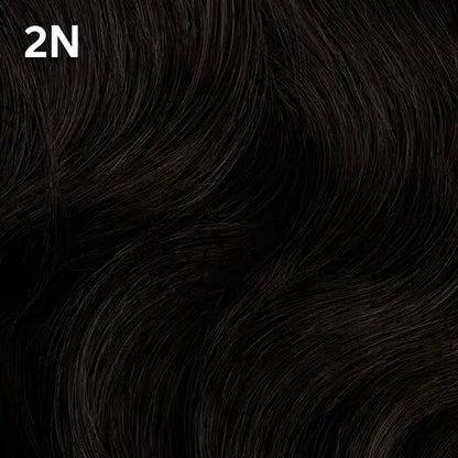 Close-up of black hair with Wella Color Charm '2N' text overlay