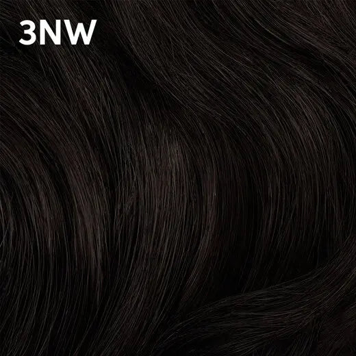 Close-up of dark hair with '3NW' Wella Color Charm color code overlay