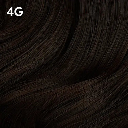Close-up of dark brown hair with Wella Color Charm '4G' label
