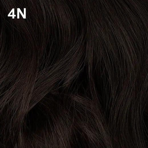 Close-up of dark brown hair with  Wella Color Charm '4N' label.