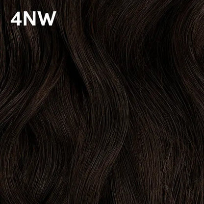 Close-up of Wella Color Charm dark brown hair with color code '4NW' displayed.
