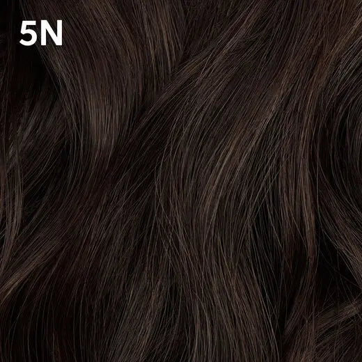 Close-up of dark brown hair with a color code  Wella Color Charm '5N' displayed.