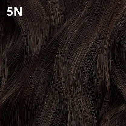 Close-up of dark brown hair with a color code  Wella Color Charm '5N' displayed.