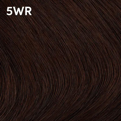 Close-up of dark brown hair extensions with Wella Color Charm  '5WR' label.