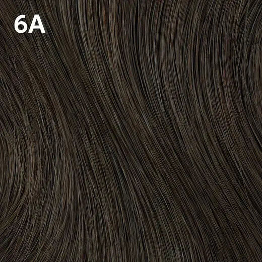 Wella Color Charm Permanent Liquid Color close-up of dark brown hair extensions with a label '6A' in the top left corner.