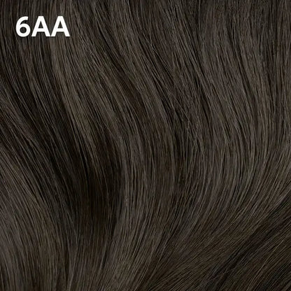 Wella Color Charm Permanent Liquid Color close-up of dark brown hair extensions with '6AA' label.