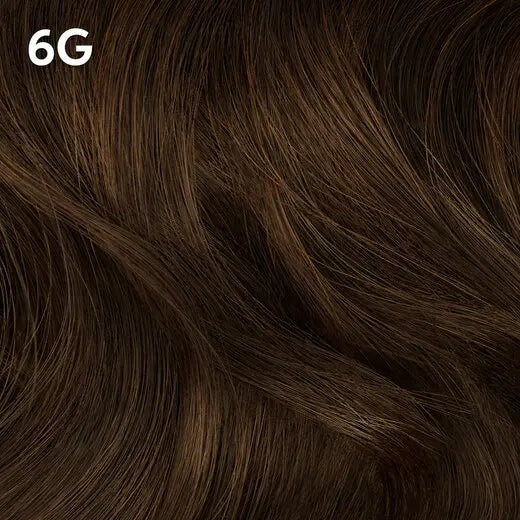 Close-up of brown hair with color code  Wella Color Charm '6G' in the top left corner.