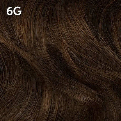 Close-up of brown hair with color code  Wella Color Charm '6G' in the top left corner.