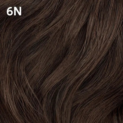 Close-up of  Wella Color Charm dark brown hair with a color code '6N' displayed.