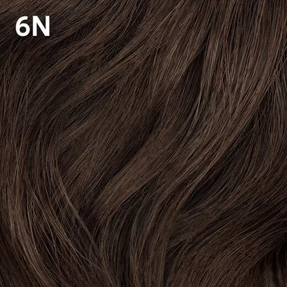 Close-up of  Wella Color Charm dark brown hair with a color code '6N' displayed.