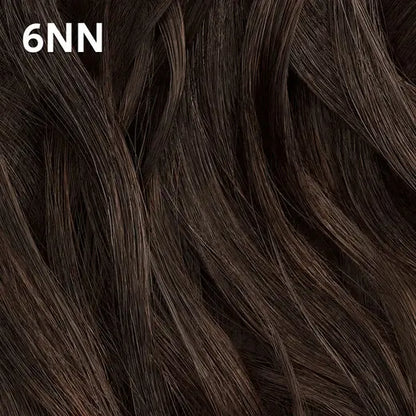 Close-up of  Wella Color Charm dark brown hair with '6NN' label