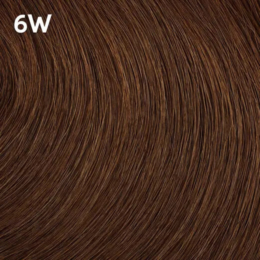 Close-up of brown hair extensions with a color code Wella Color Charm  '6W' displayed.