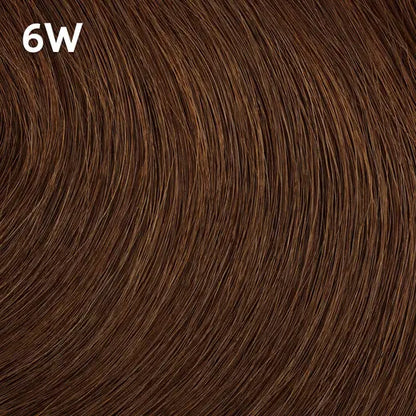 Close-up of brown hair extensions with a color code Wella Color Charm  '6W' displayed.