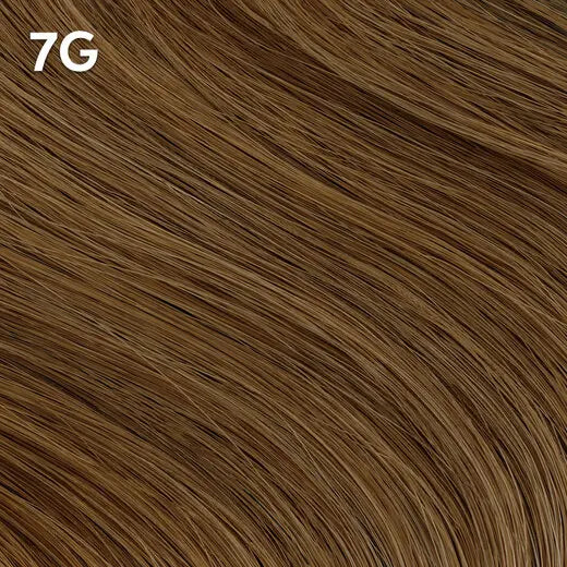 Close-up of brown hair extensions with color code Wella Color Charm  '7G'.