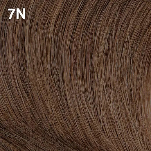 Close-up of brown hair extensions with a color code Wella Color Charm  '7N' in the corner.