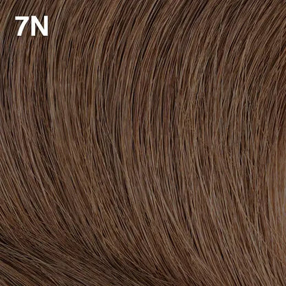 Close-up of brown hair extensions with a color code Wella Color Charm  '7N' in the corner.