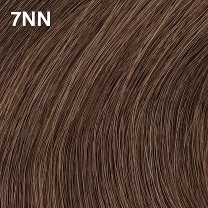 Close-up of brown hair extensions with  Wella Color Charm '7NN' branding.