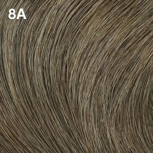 Wella Color Charm Permanent Liquid Color close-up of brown hair extensions with a color code '8A' displayed.