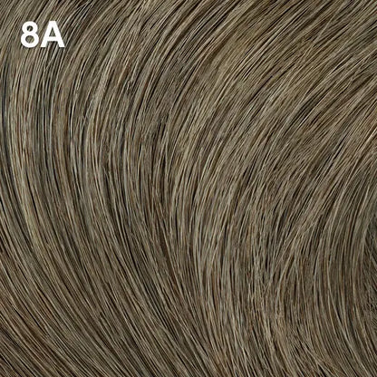 Wella Color Charm Permanent Liquid Color close-up of brown hair extensions with a color code '8A' displayed.