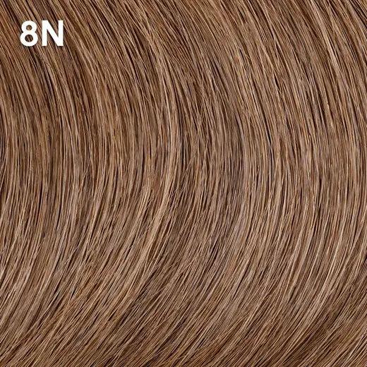 Close-up of brown hair extensions with a color code Wella Color Charm '8N' displayed.