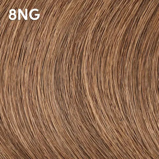 Close-up of brown hair extensions with  Wella Color Charm '8NG' label