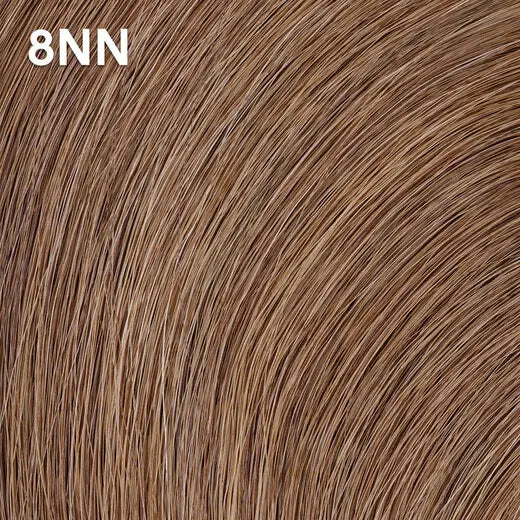 Close-up of brown hair extensions with  Wella Color Charm '8NN' label