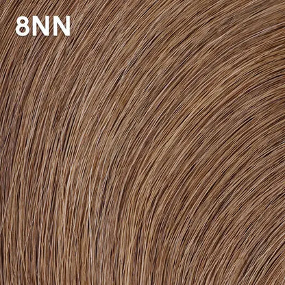 Close-up of brown hair extensions with  Wella Color Charm '8NN' label