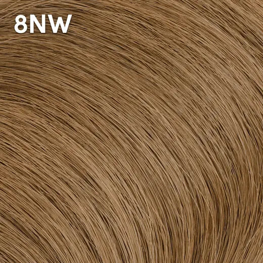 Wella Color Charm close-up of brown hair extensions with '8NW' color code.