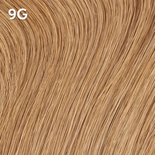 Close-up of blonde hair extensions with a Wella Color Charm  '9G' label.