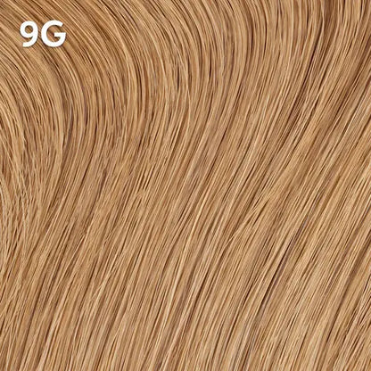 Close-up of blonde hair extensions with a Wella Color Charm  '9G' label.