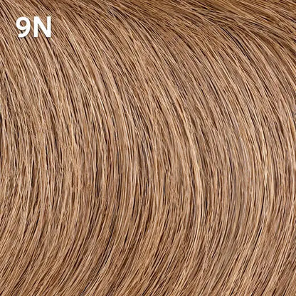 Close-up of blonde hair extensions with a color code Wella Color Charm  '9N' in the corner.