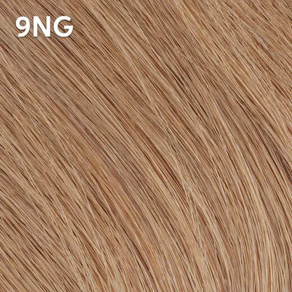 Close-up of blonde hair extensions with   Wella Color Charm '9NG' label