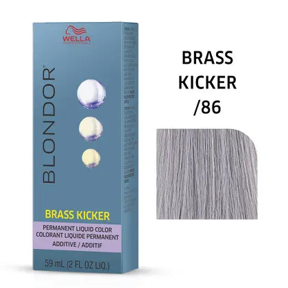 Wella Blondor Brass Kicker hair color box with a sample of gray hair.