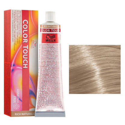 Wella Color Touch hair dye tube and box in a light ash blonde shade, shown next to a hair swatch on a white background.