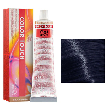 Wella Color Touch hair dye kit showing the orange and red retail box, the squeeze tube of dye, and a close-up swatch of dark navy-black hair on a white background.