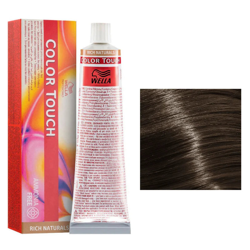 Wella Color Touch hair dye with packaging and a sample of brown hair color.