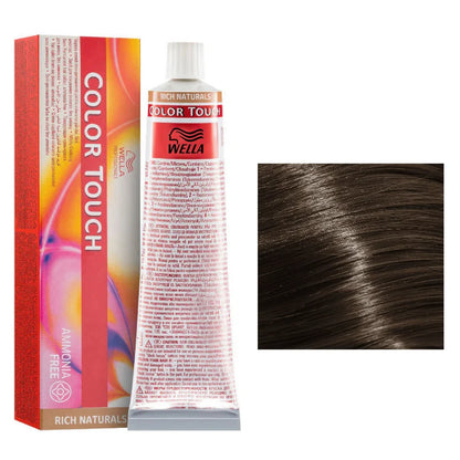 Wella Color Touch hair dye with packaging and a sample of brown hair color.