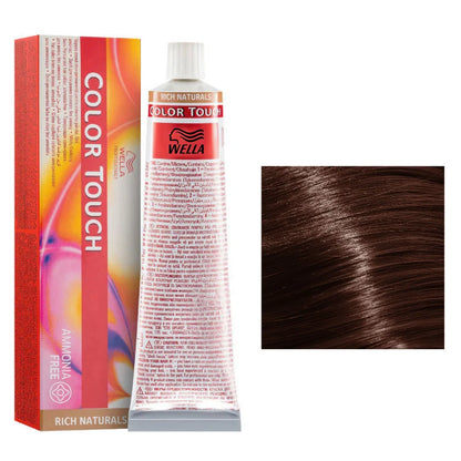 Wella Color Touch hair dye kit showing the retail box, squeeze tube, and a color swatch of dark brown hair on a white background.