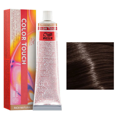 Wella Color Touch hair dye with packaging and a sample of dark brown hair color.