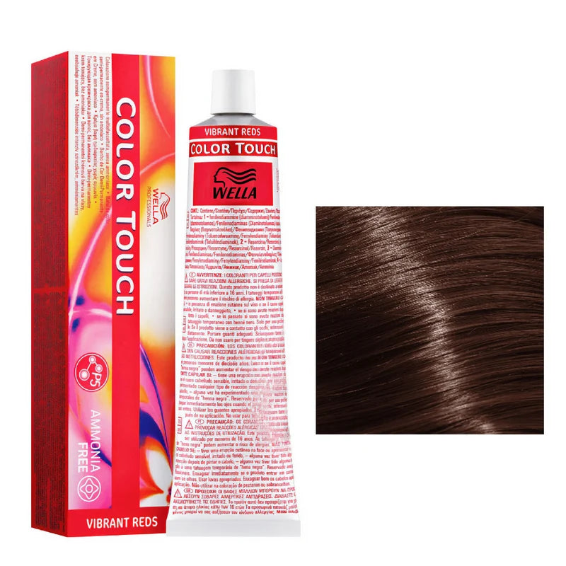 Wella Color Touch hair dye with packaging and a sample of brown hair color.