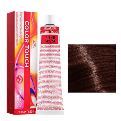 Wella Color Touch hair dye kit in Vibrant Reds, showing the red and orange outer box, the squeeze tube with white cap, and a square color swatch of dark reddish-brown hair on a white background.