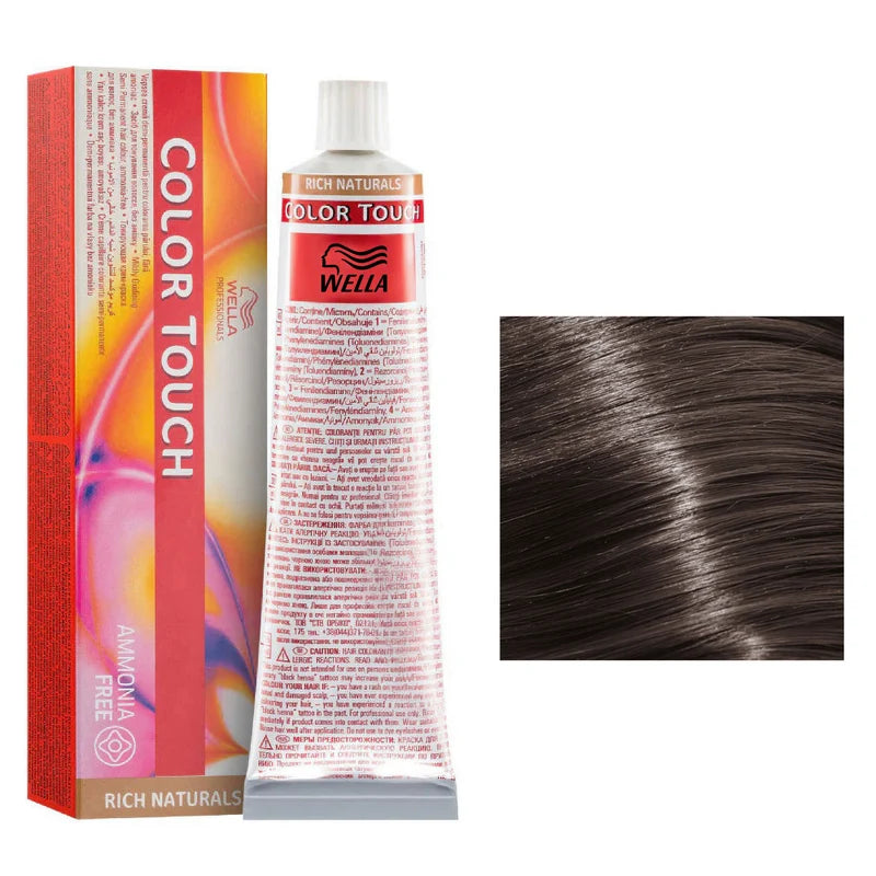 Wella Color Touch hair color cream tube and box shown next to a hair swatch demonstrating the dark ash brown color result.
