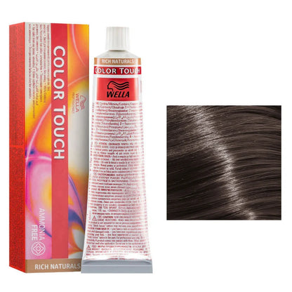 Wella Color Touch hair color cream tube and box shown next to a hair swatch demonstrating the dark ash brown color result.
