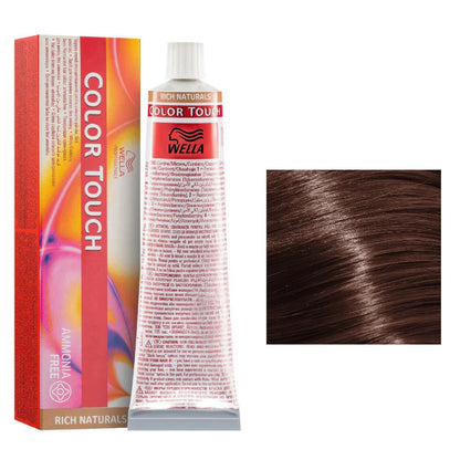 Wella Color Touch hair dye with packaging and a sample of brown hair color.