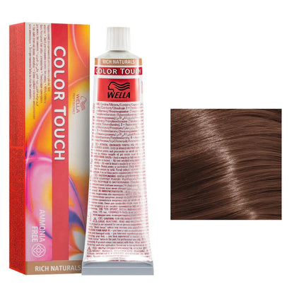 Wella Color Touch hair dye with packaging and a sample of brown hair color.